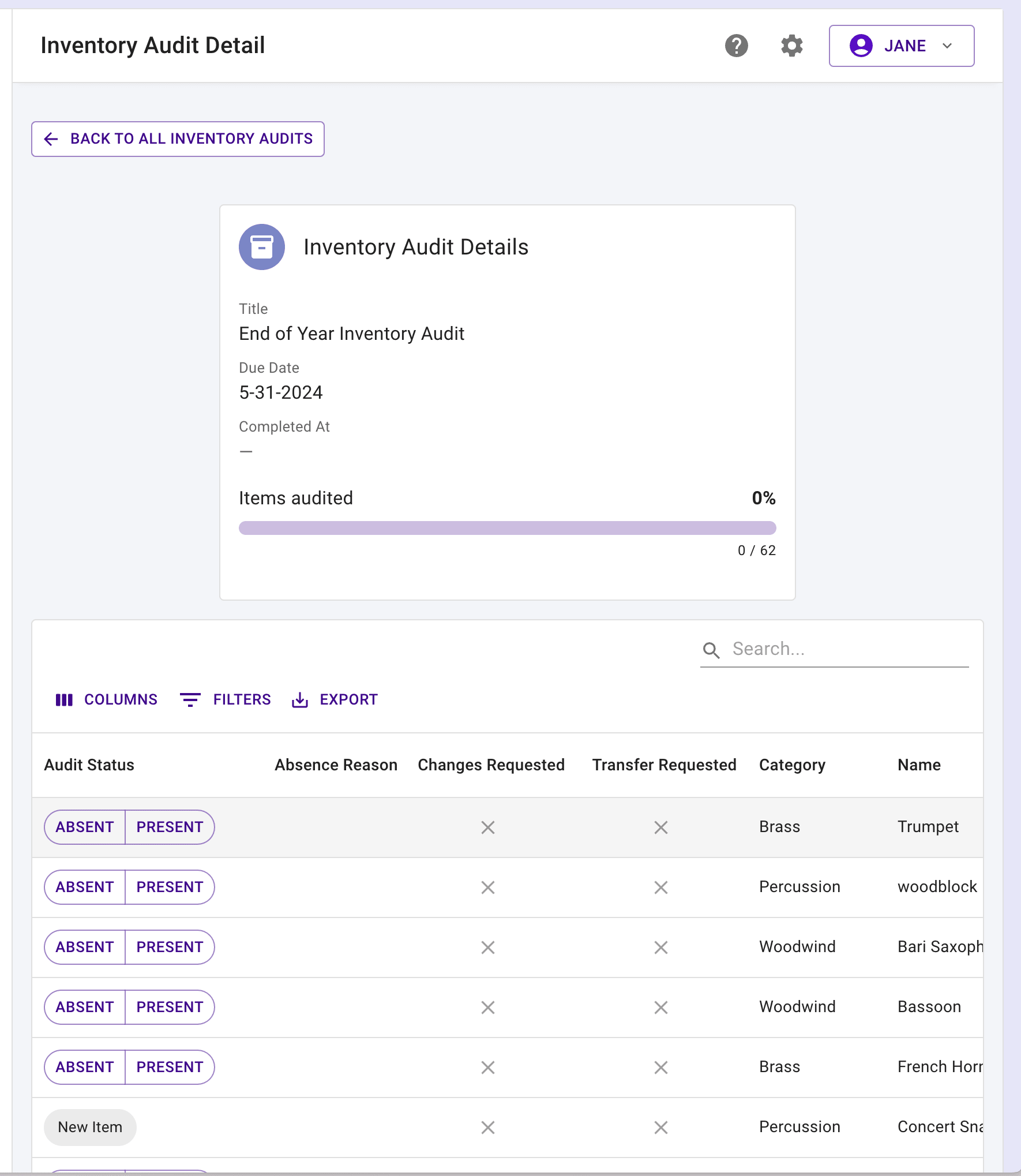 Inventory audit details page showing overall data at the top and a table of inventory items at the bottom.