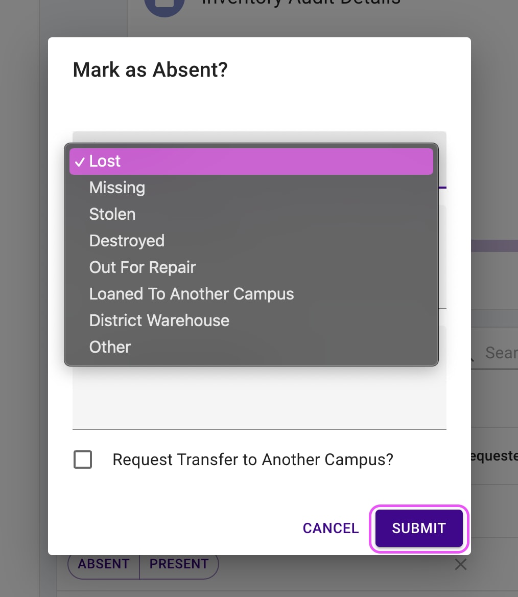 Inventory audit confirmation dialog to mark an item as absent.