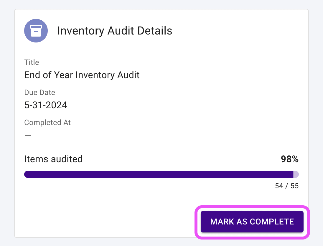 Inventory audit mark as complete button.