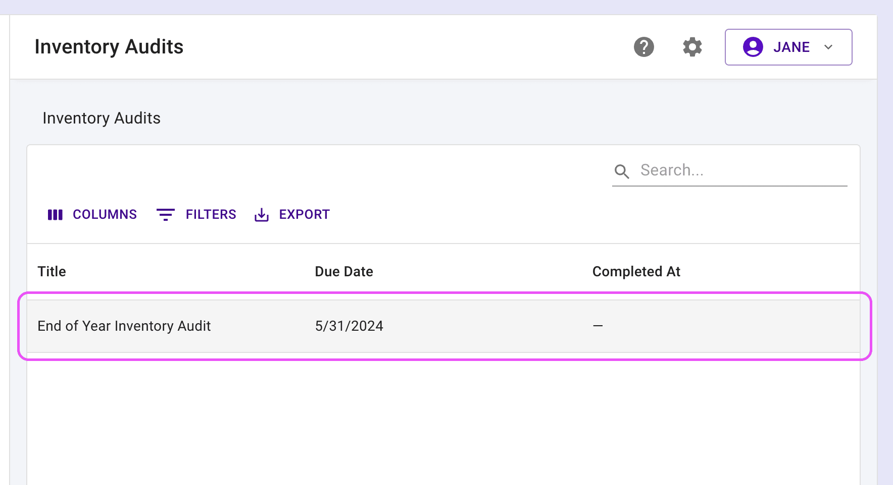 Inventory audits table highlighting the first row which is clickable.