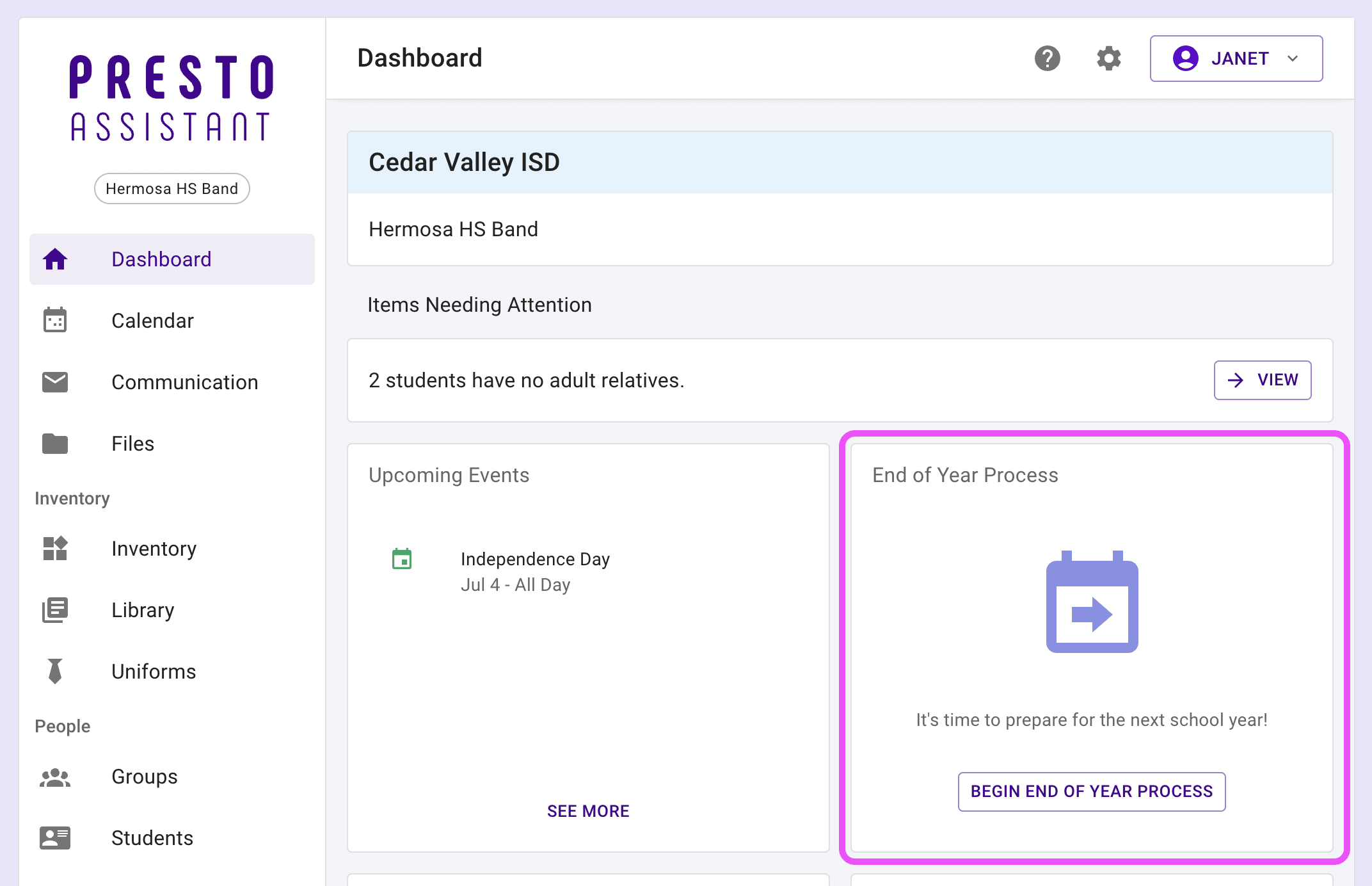 Dashboard highlighting the End of Year Process card.
