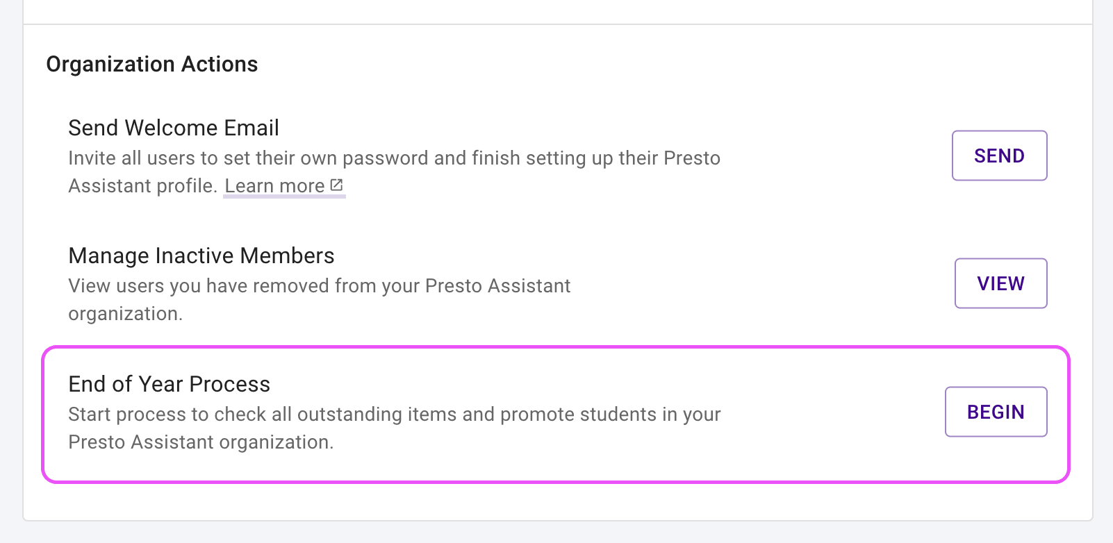 Organization settings page hightlighting the End of Year Process section.