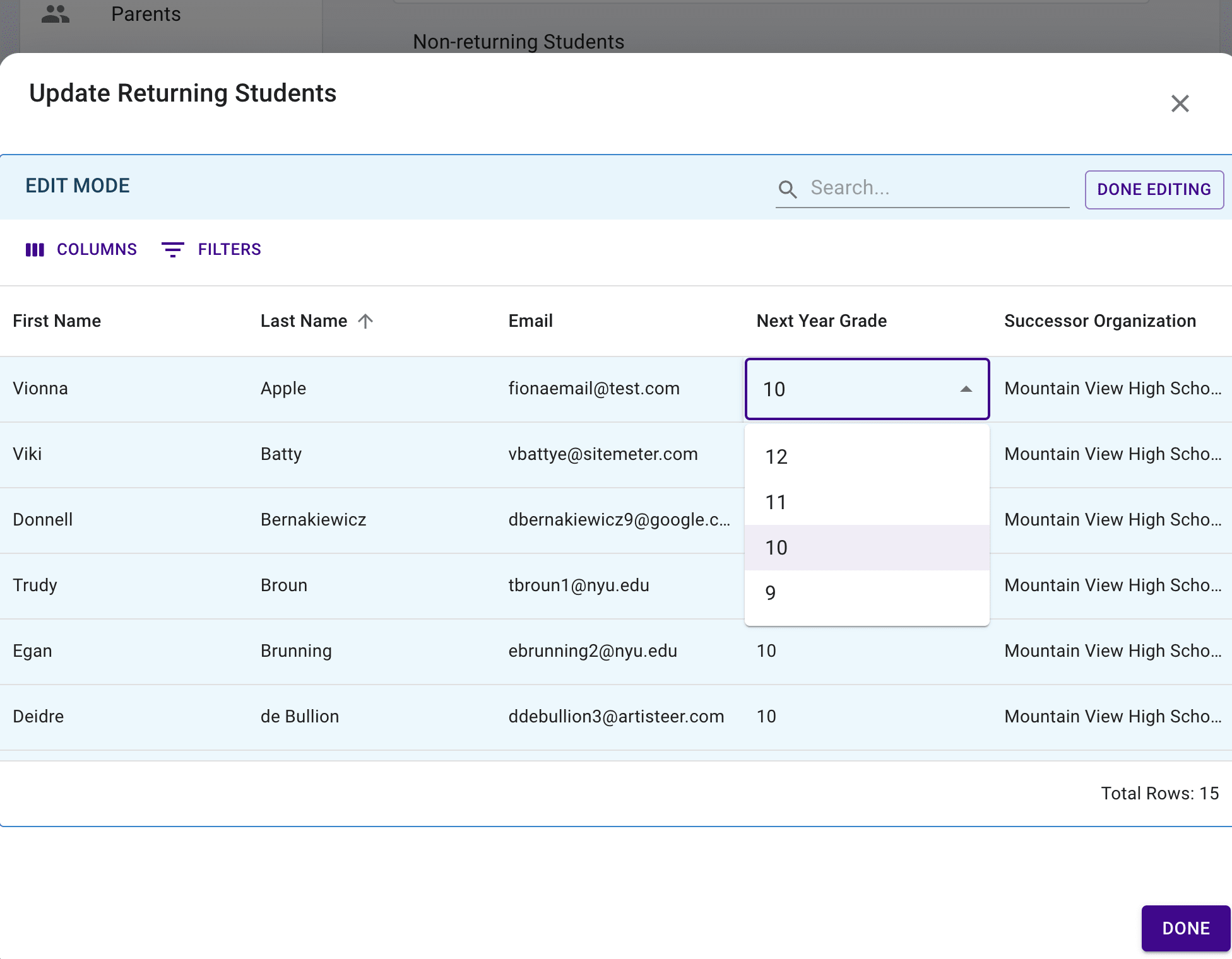 Step 2 showing the returning students table in edit mode.