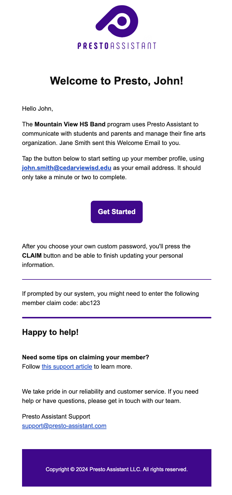 Welcome email highlighting the Get Started button.