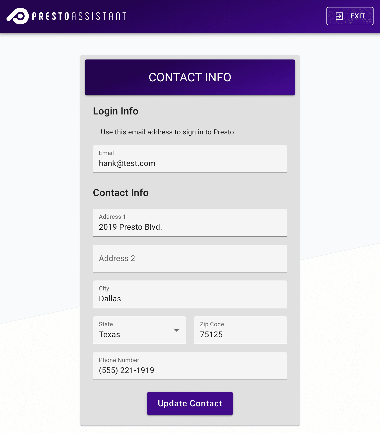 Onboarding Contact Info page.