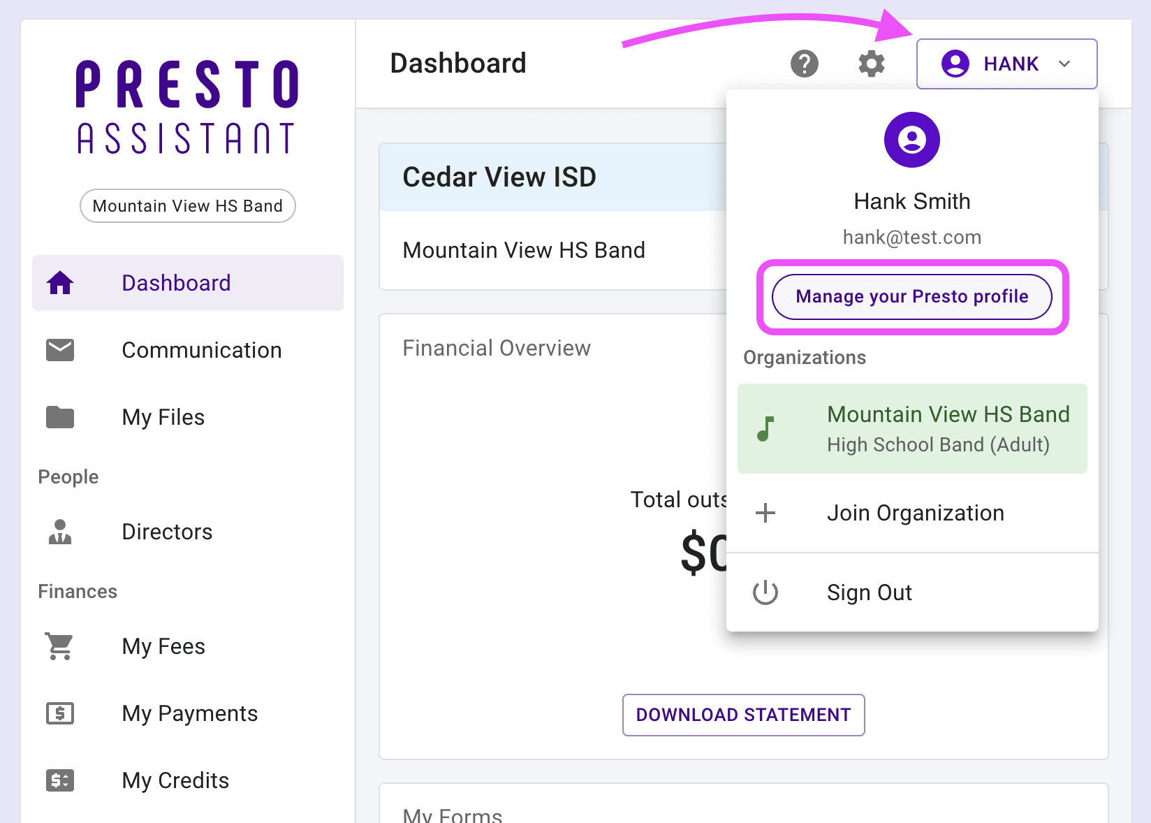 Profile menu highlighting button to go to Profile settings page.