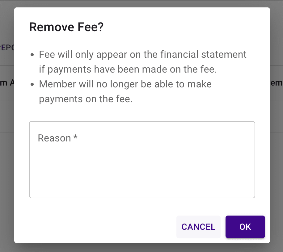 Remove fee dialog.