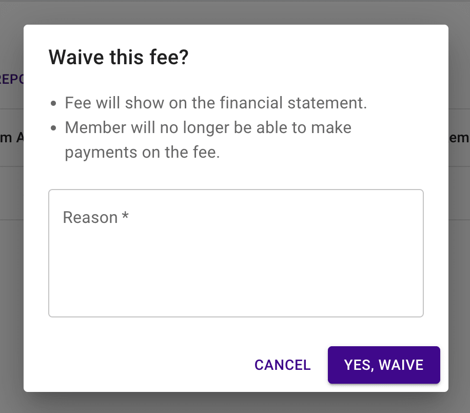 Waive fee dialog.