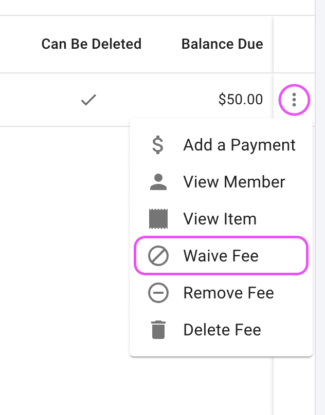 Row More actions menu showing the waive option.
