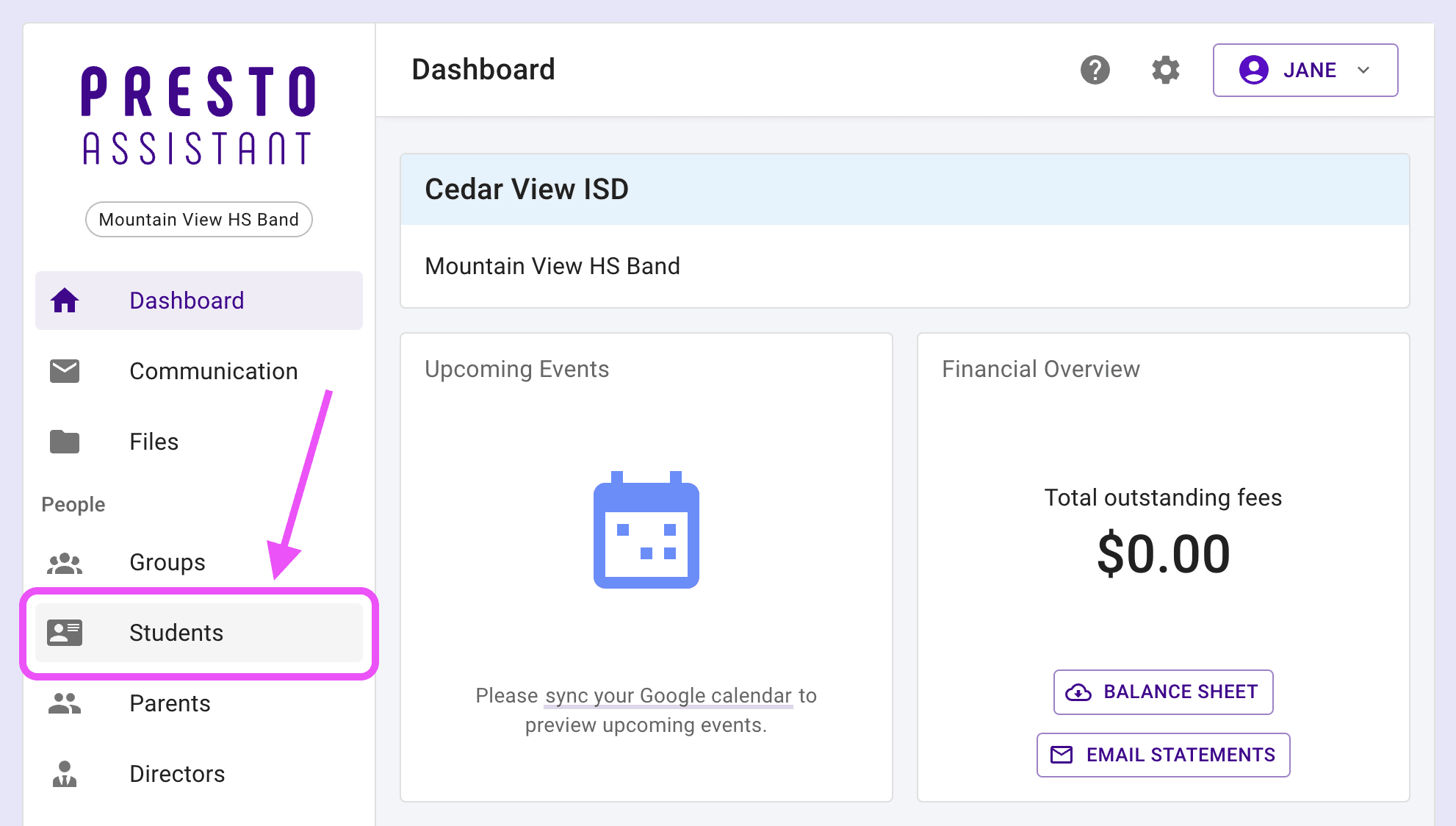 Dashboard with arrow pointing at Students item in left navigation menu.