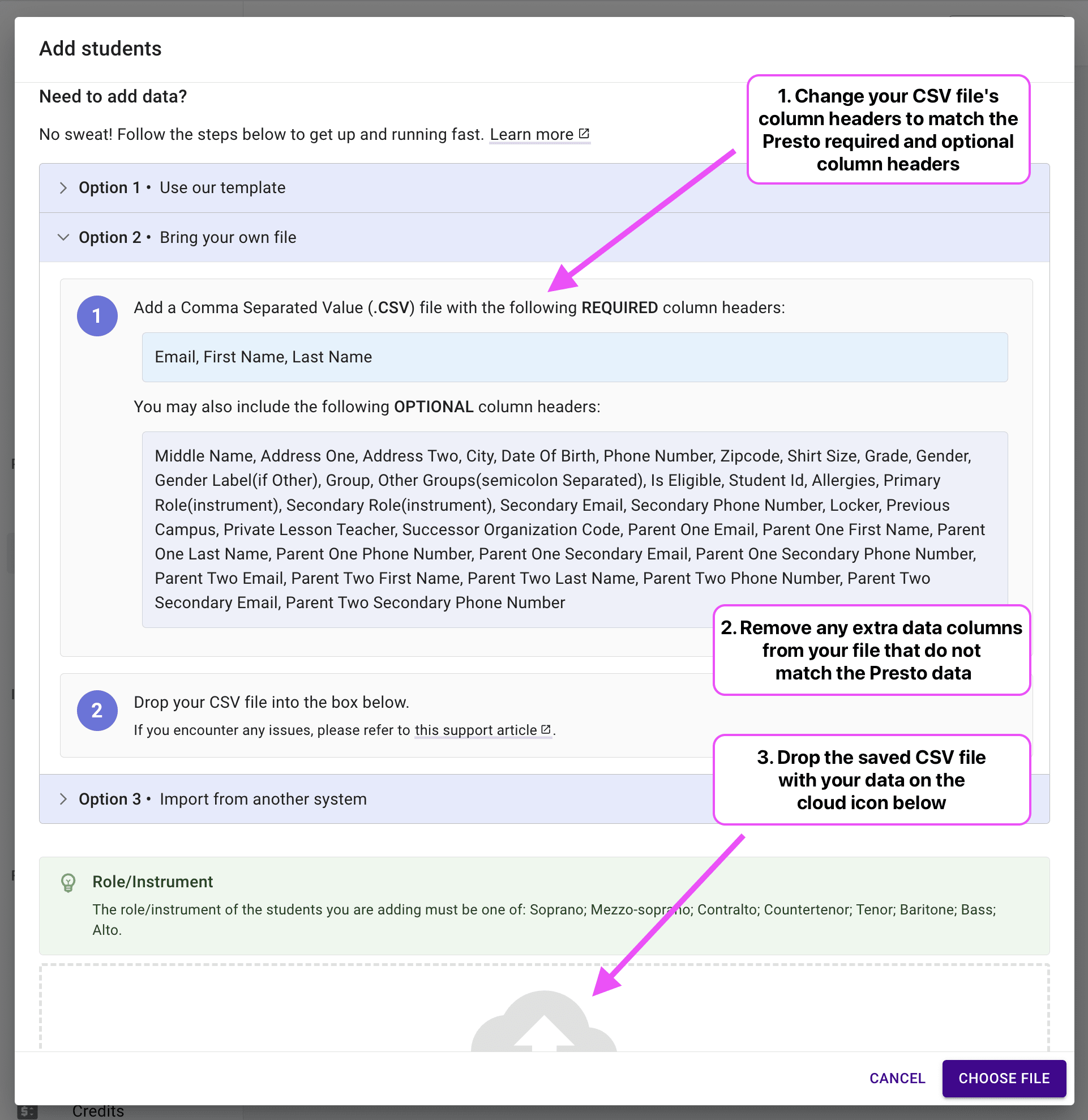 Students import dialog highlighting the required headers and the cloud icon.