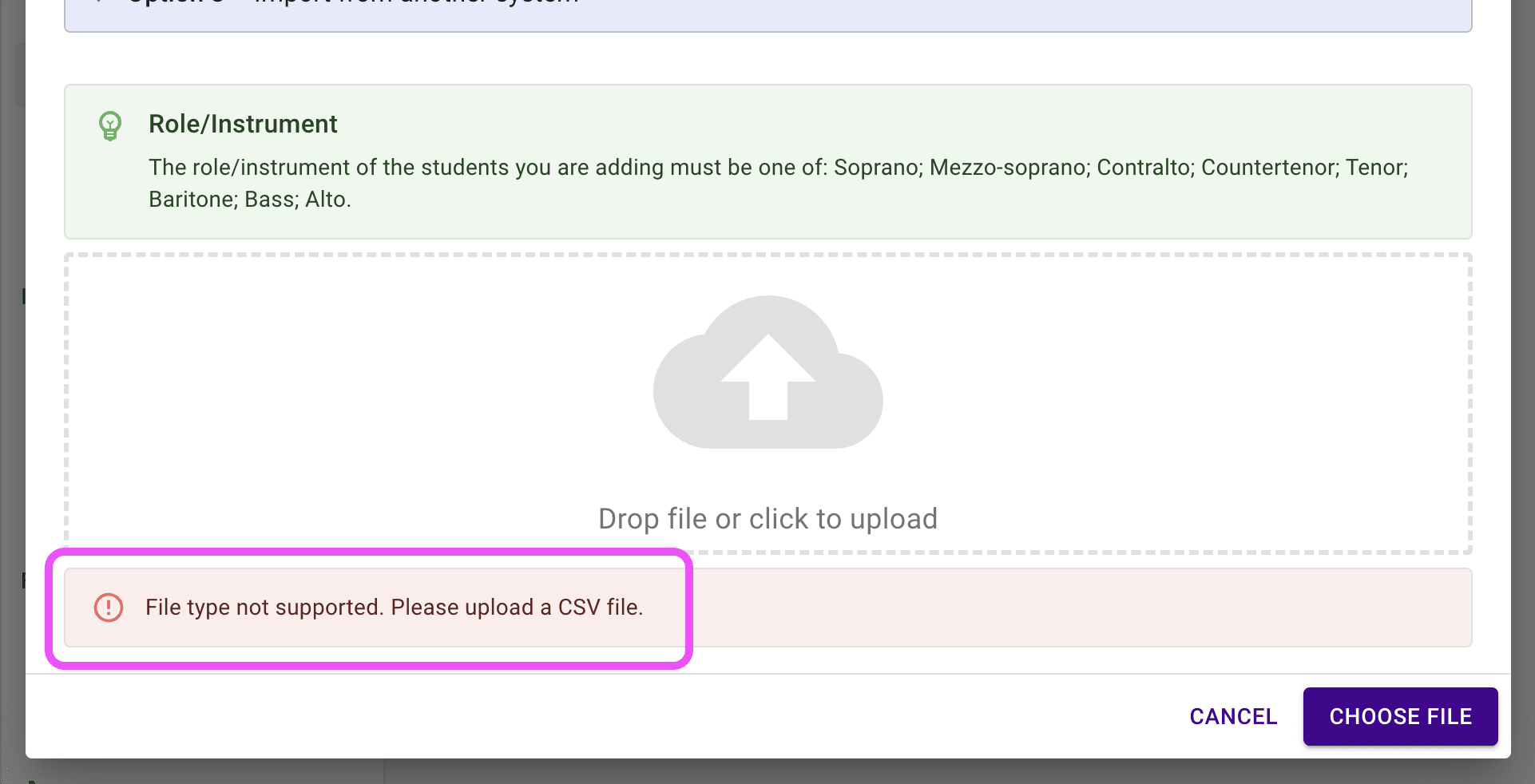 Student import dialog with error message notification highlighted.