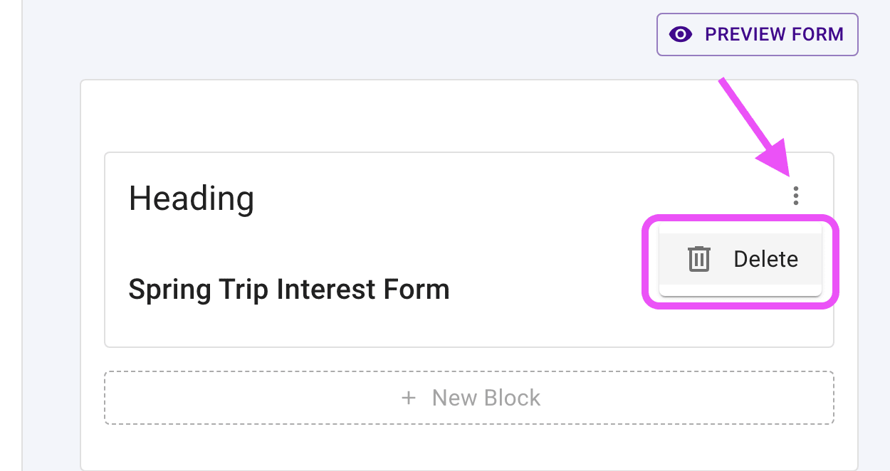 Form block highlighting the block actions menu.