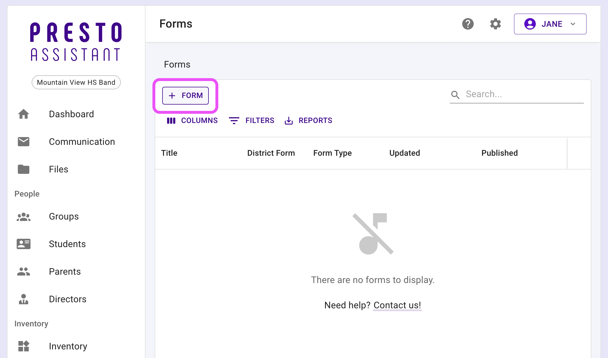 Forms table highlighting the Add Form button.