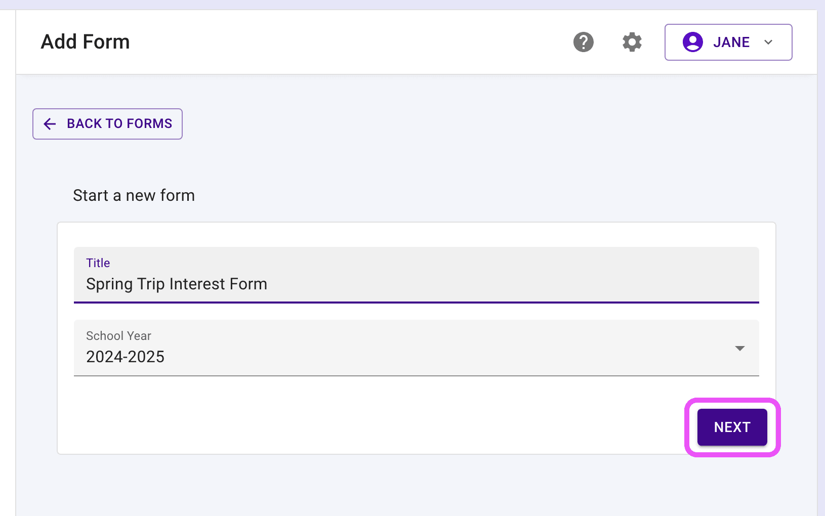 New form page highlighting the Next button.