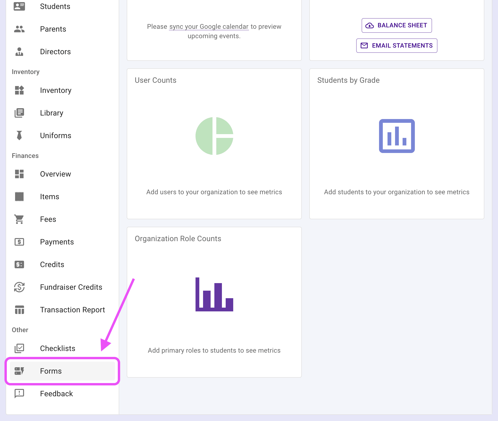 Dashboard with arrow pointing at Forms item in left navigation menu.