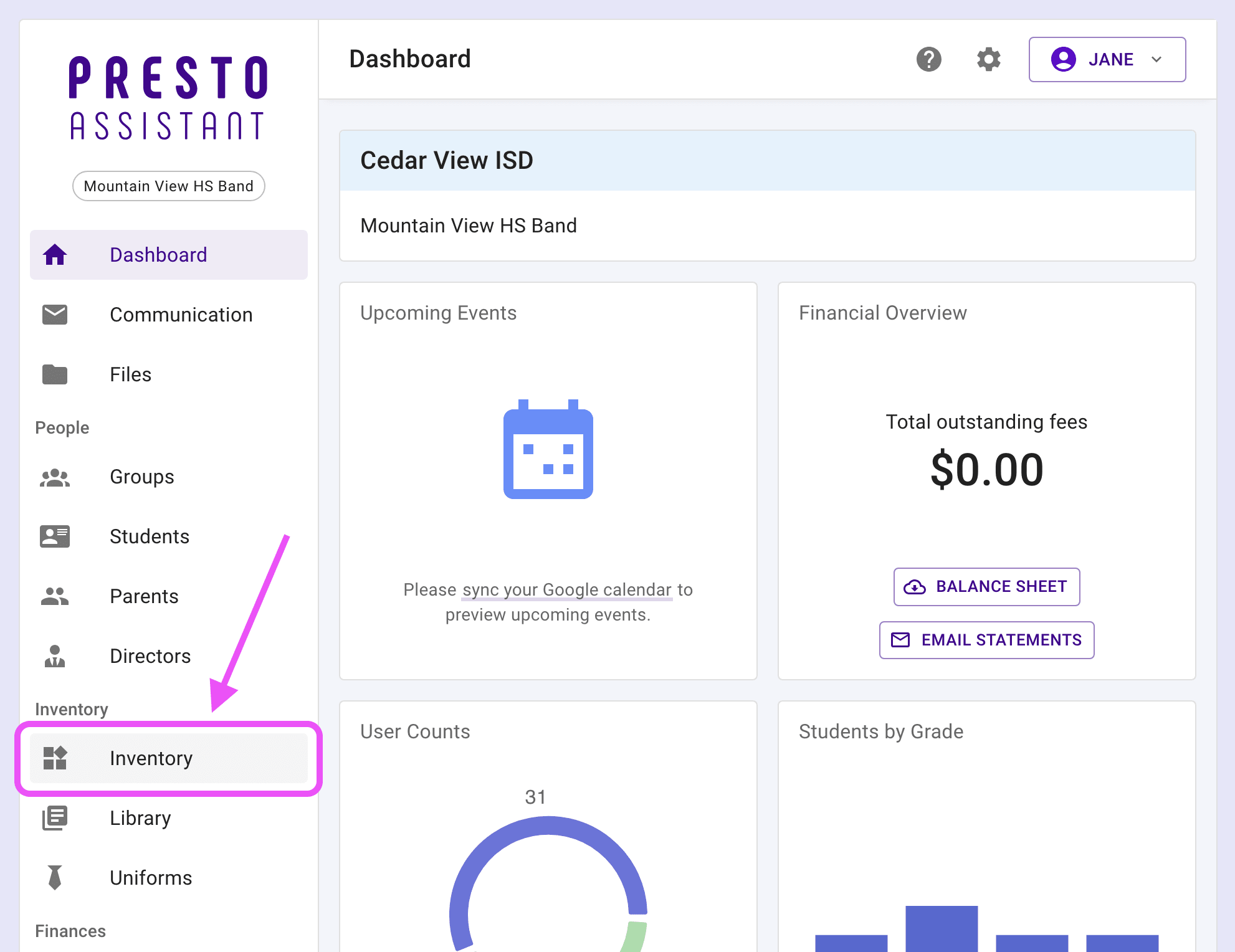 Dashboard with arrow pointing at Inventory item in left navigation menu.
