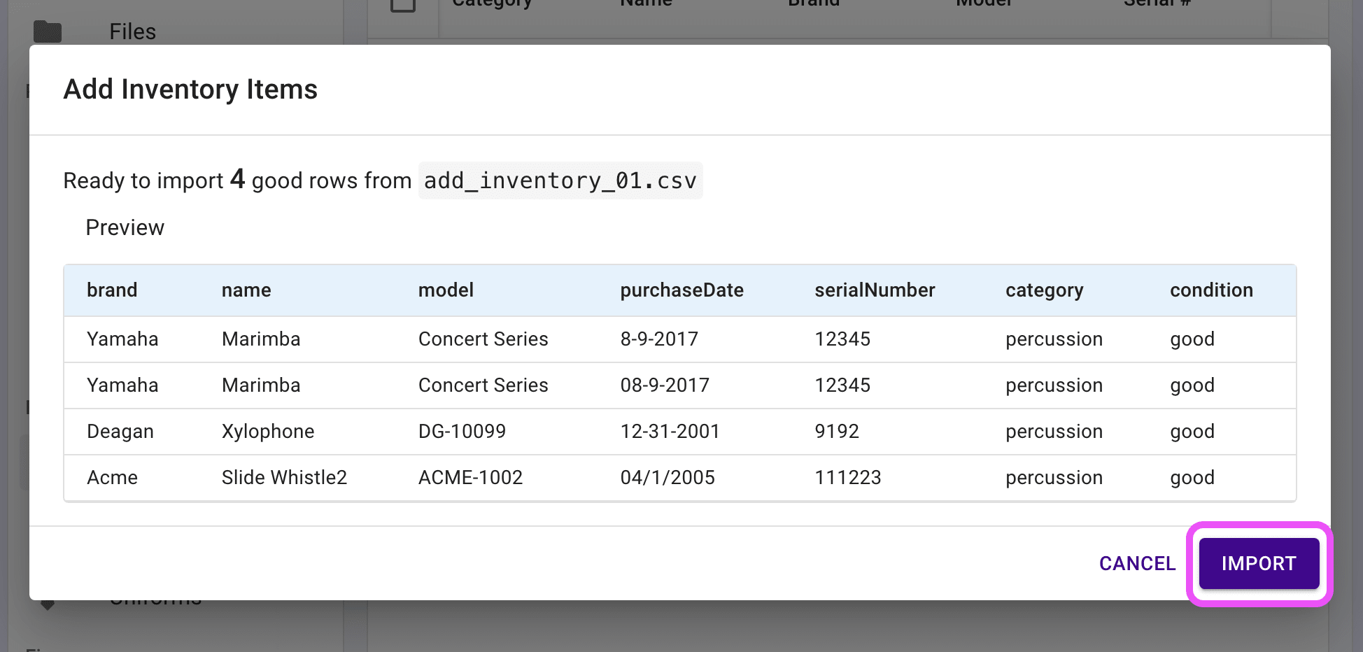 A preview of inventory good rows is shown.