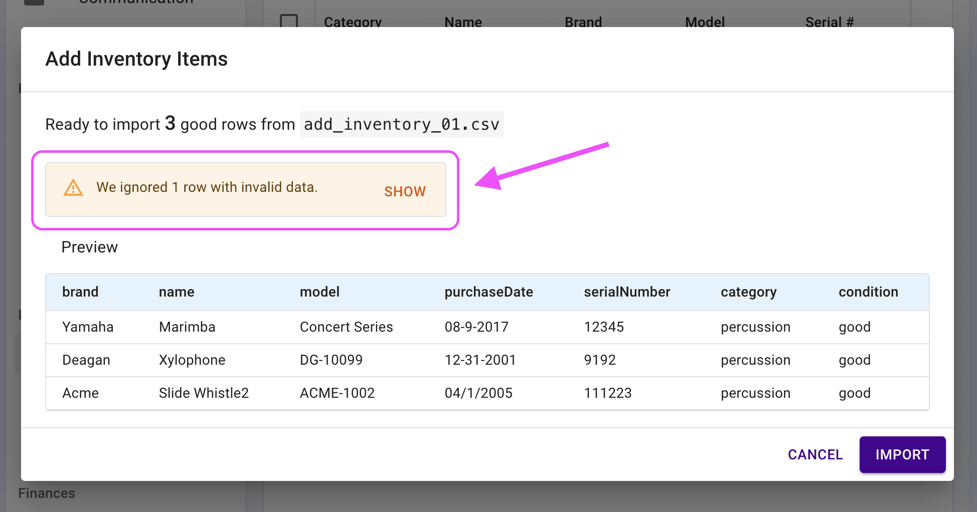 A preview of good rows is shown and the alert about invalid data is highlighted.