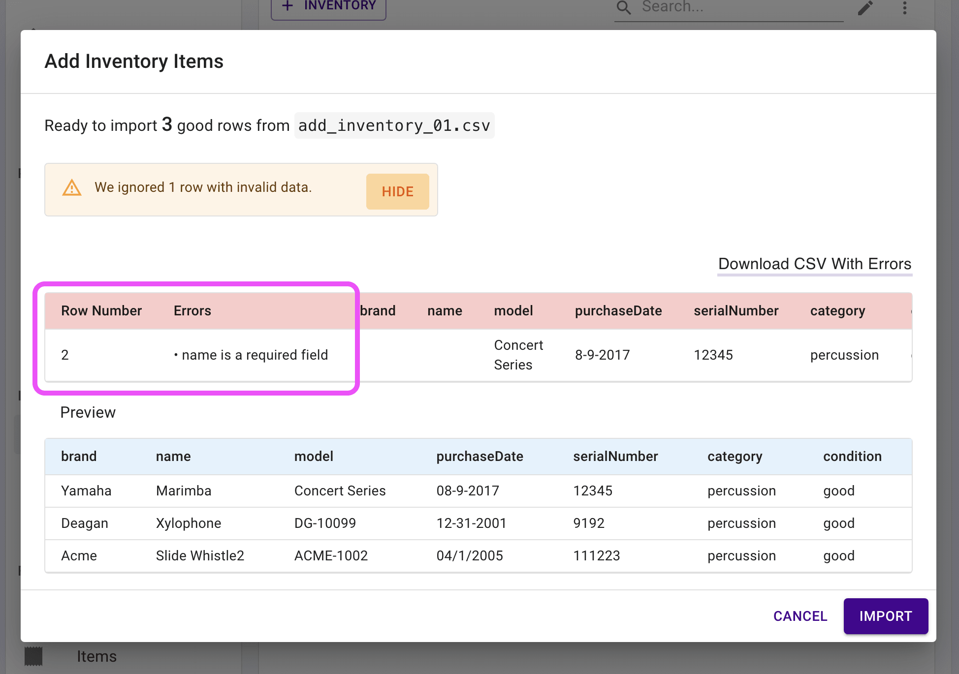 A preview of good rows is shown as well as invalid data.