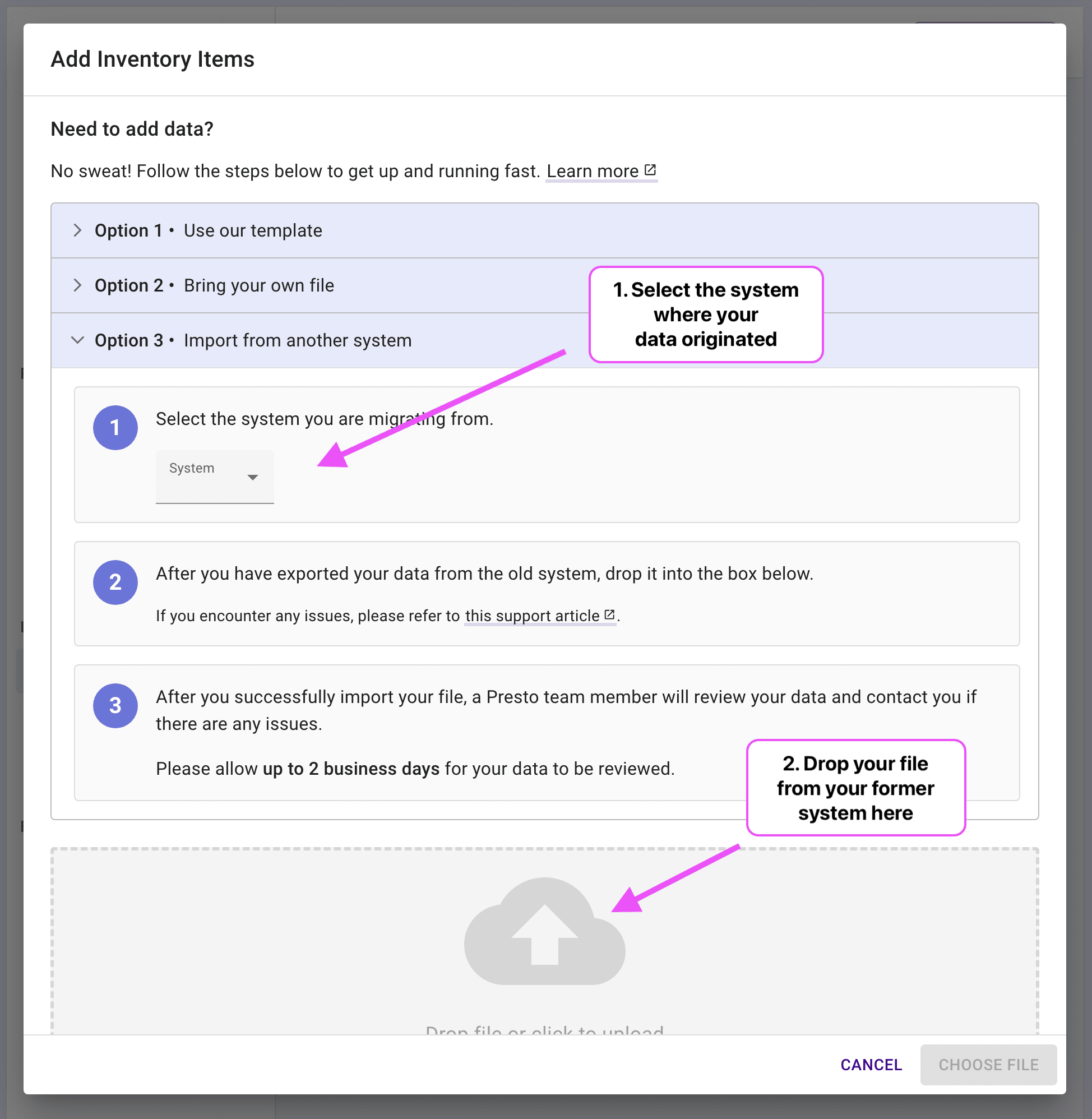 Inventory import dialog highlighting the old system select and the cloud icon.