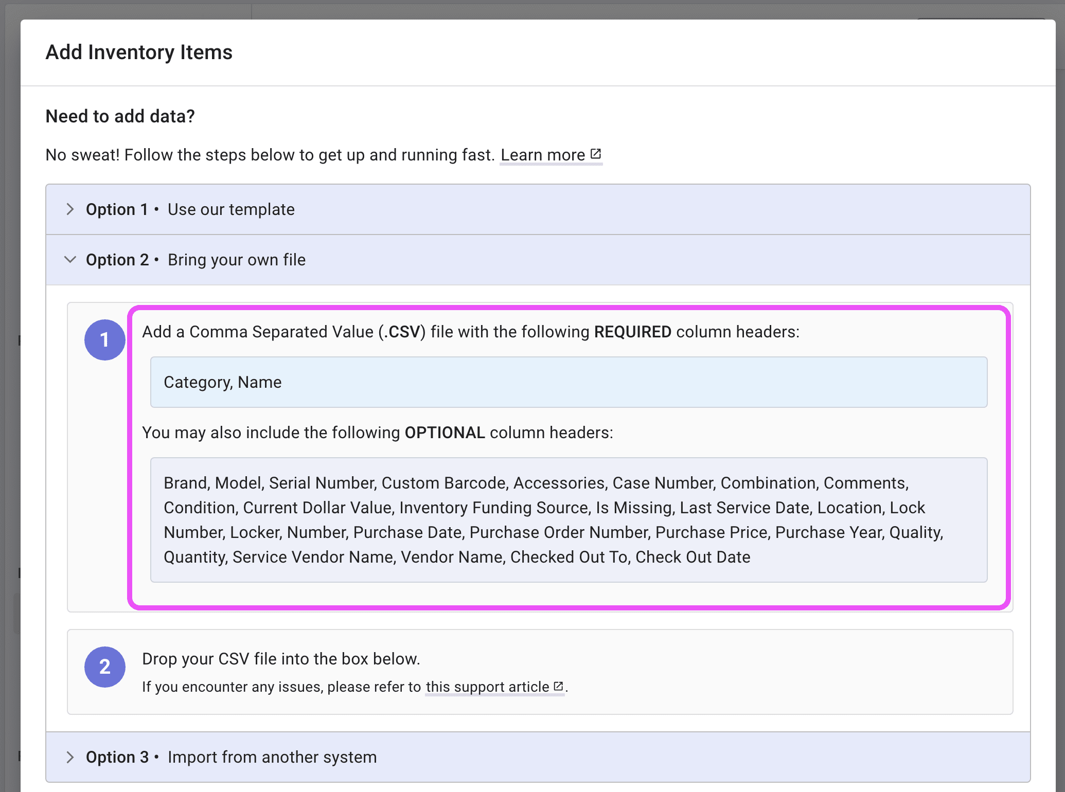 Option 2 from inventory import is shown.