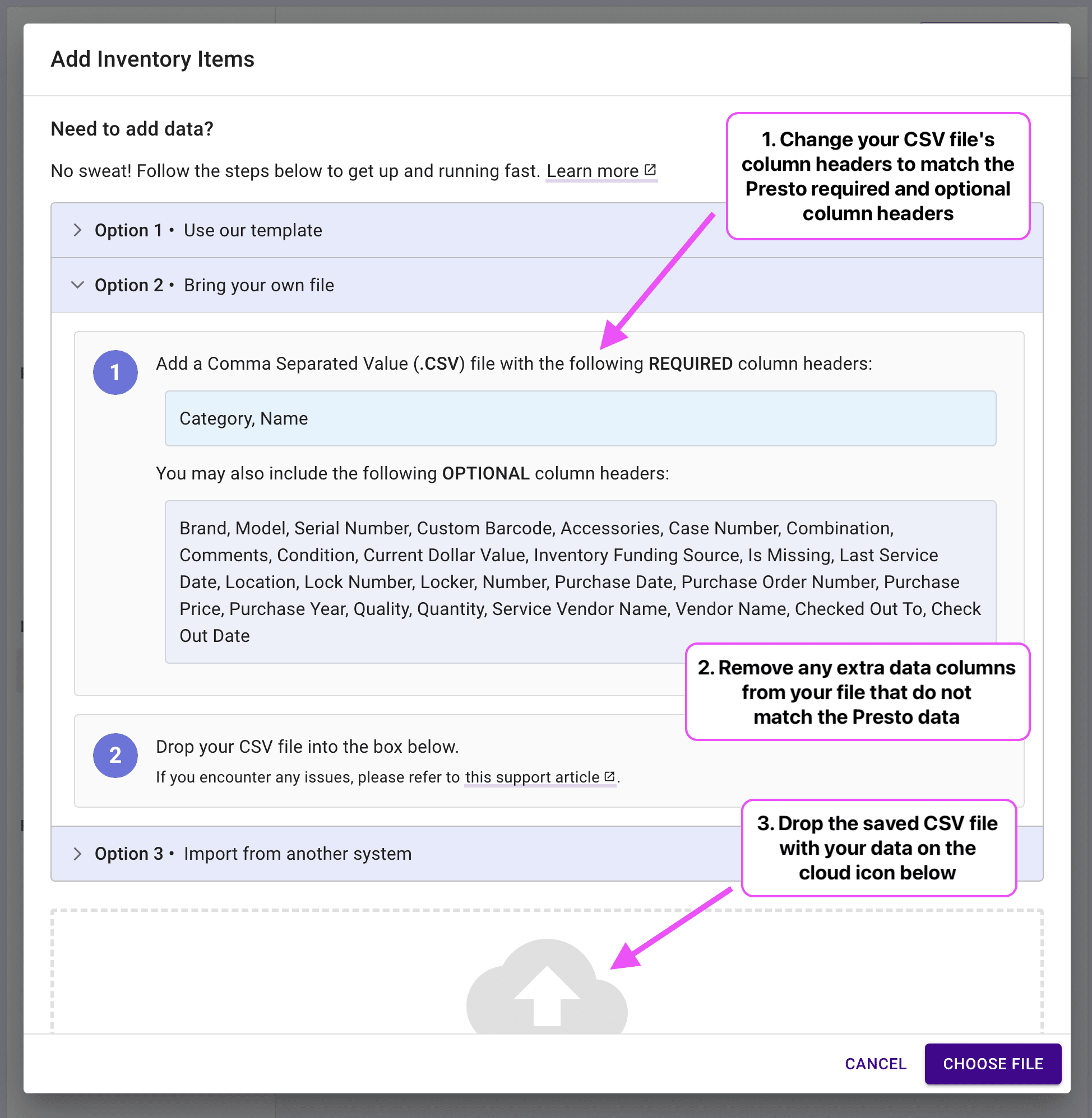 Inventory import dialog highlighting the required headers and the cloud icon.