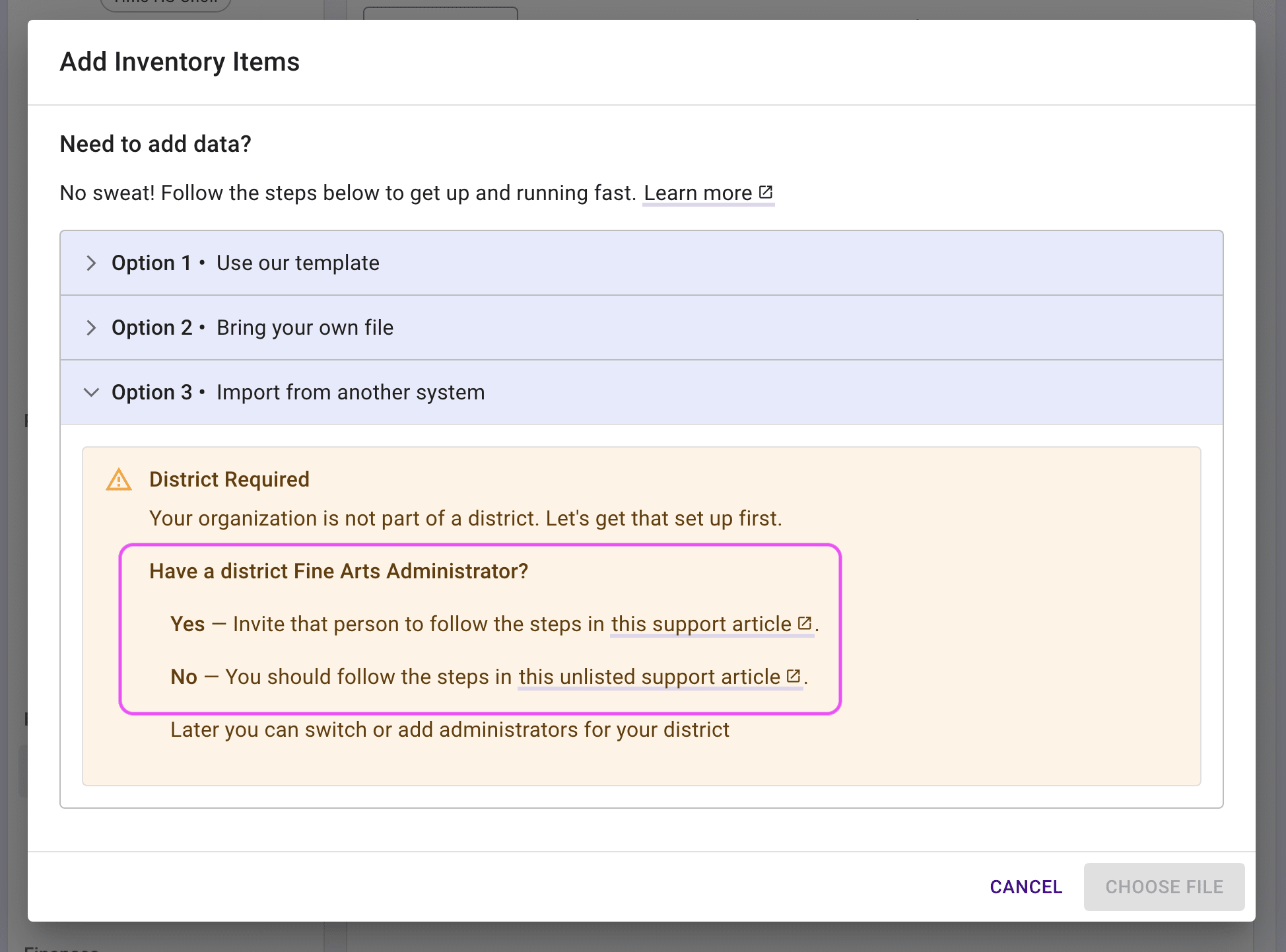 Inventory import dialog show links to support articles when no district is connected.