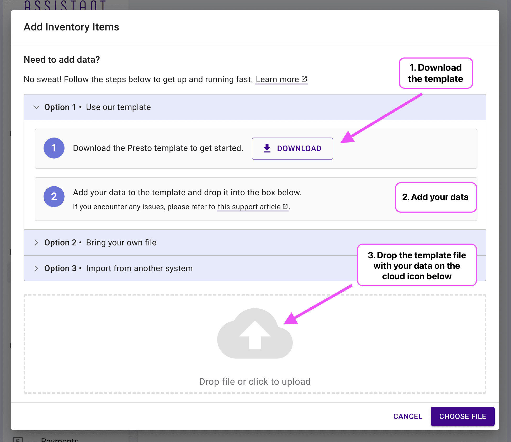 Inventory import dialog highlighting the download template button and the cloud icon.