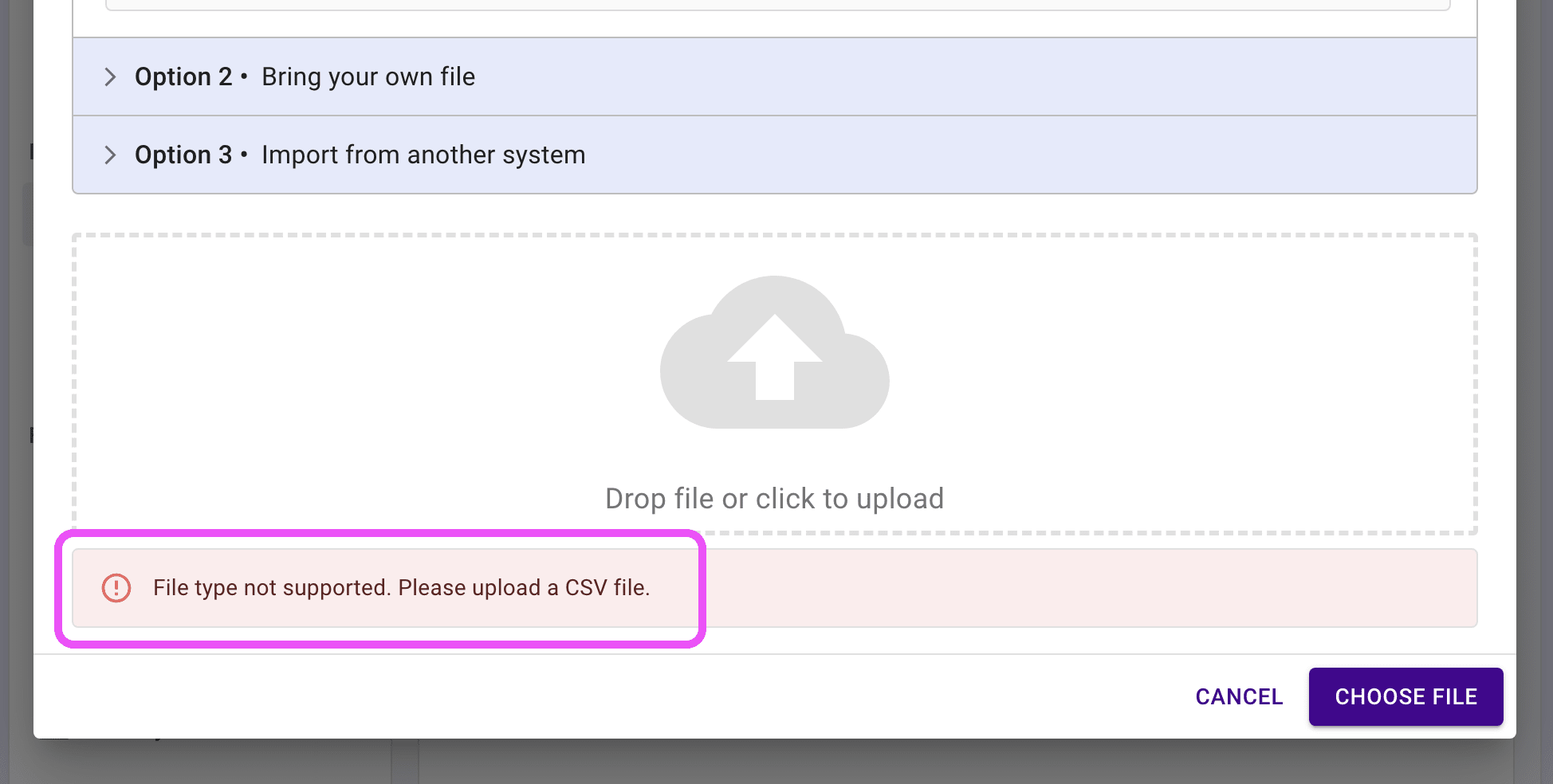 Inventory import dialog with error message notification highlighted.