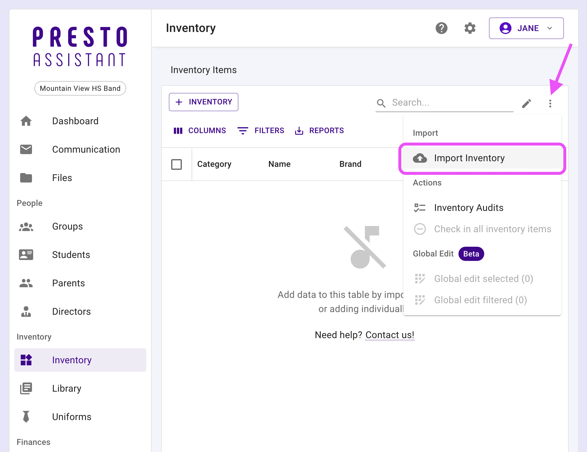 Inventory Items table highlighting the more actions icon button and menu.