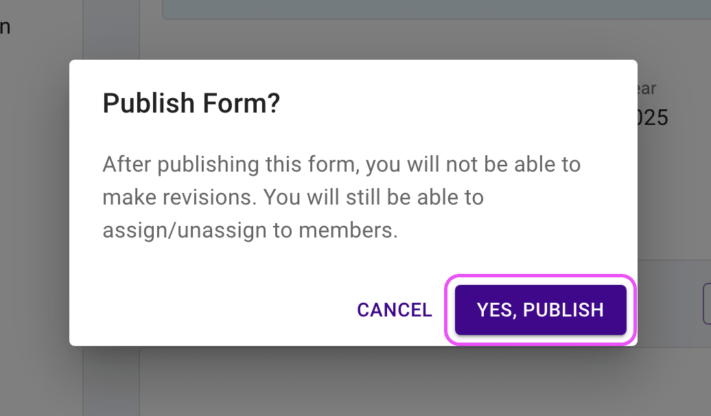 Confirmation dialog highlighting the button labeled Yes, Publish.