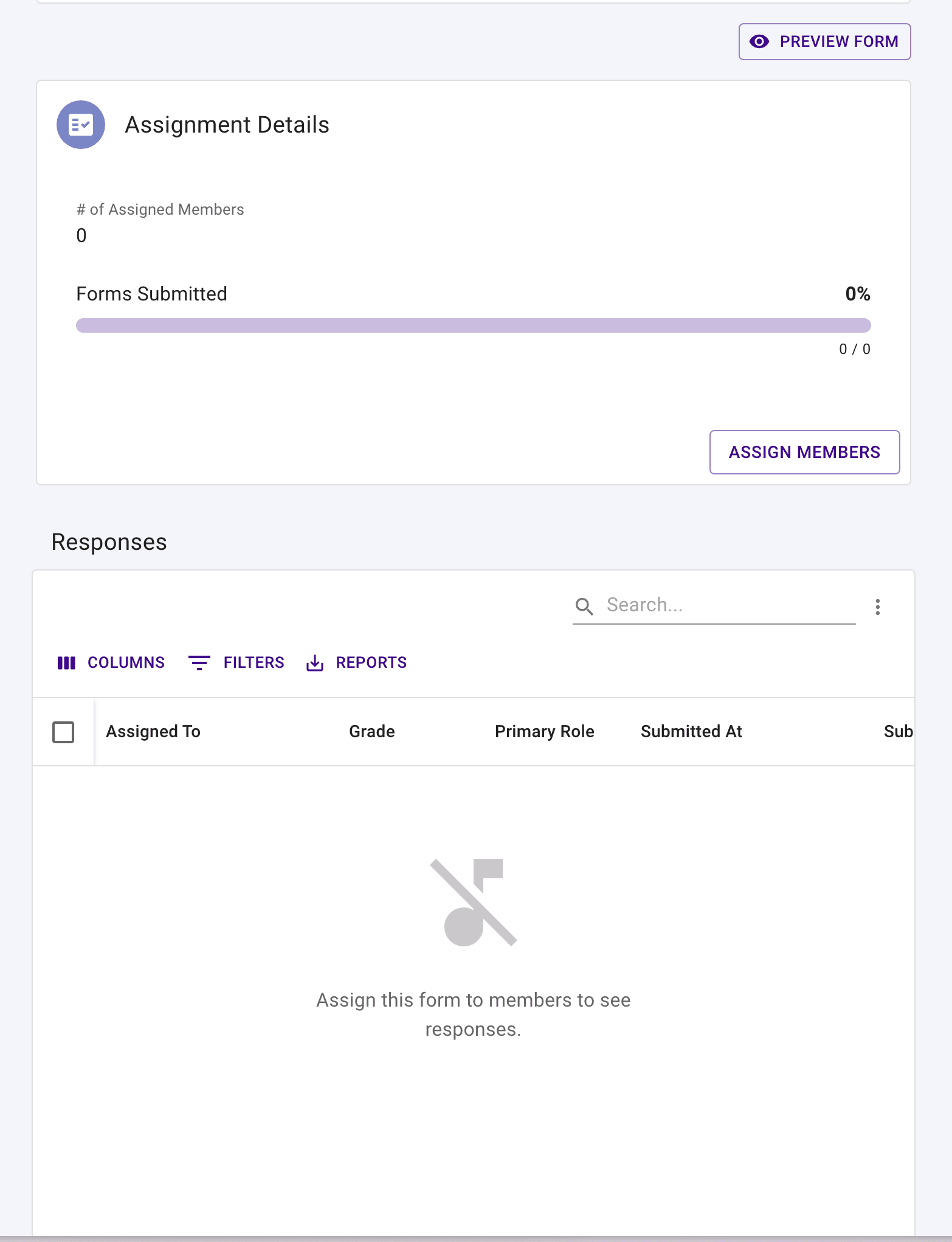 Form details page with no assignments.