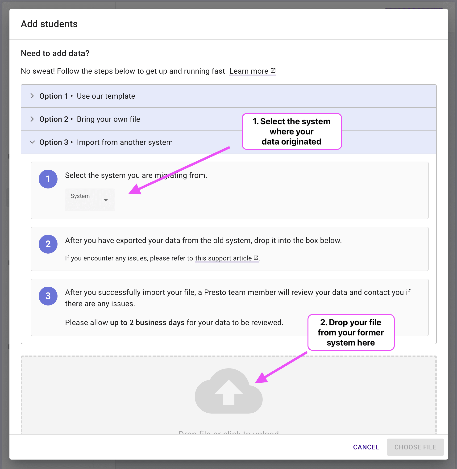 Students import dialog highlighting the old system select and the cloud icon.