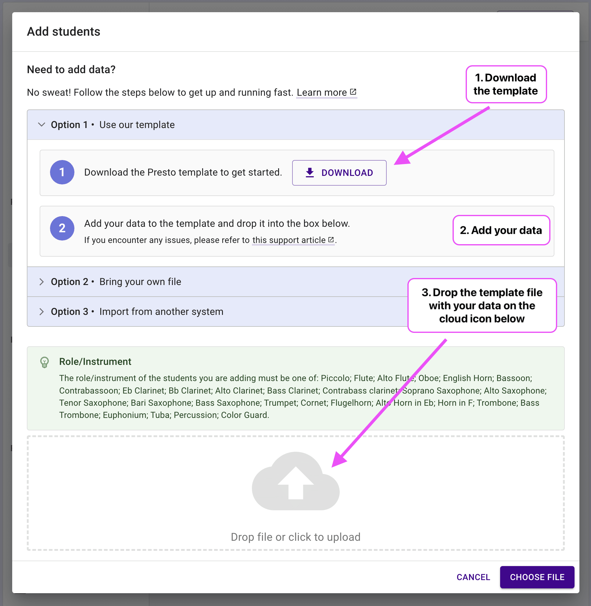 Students import dialog highlighting the download template button and the cloud icon.