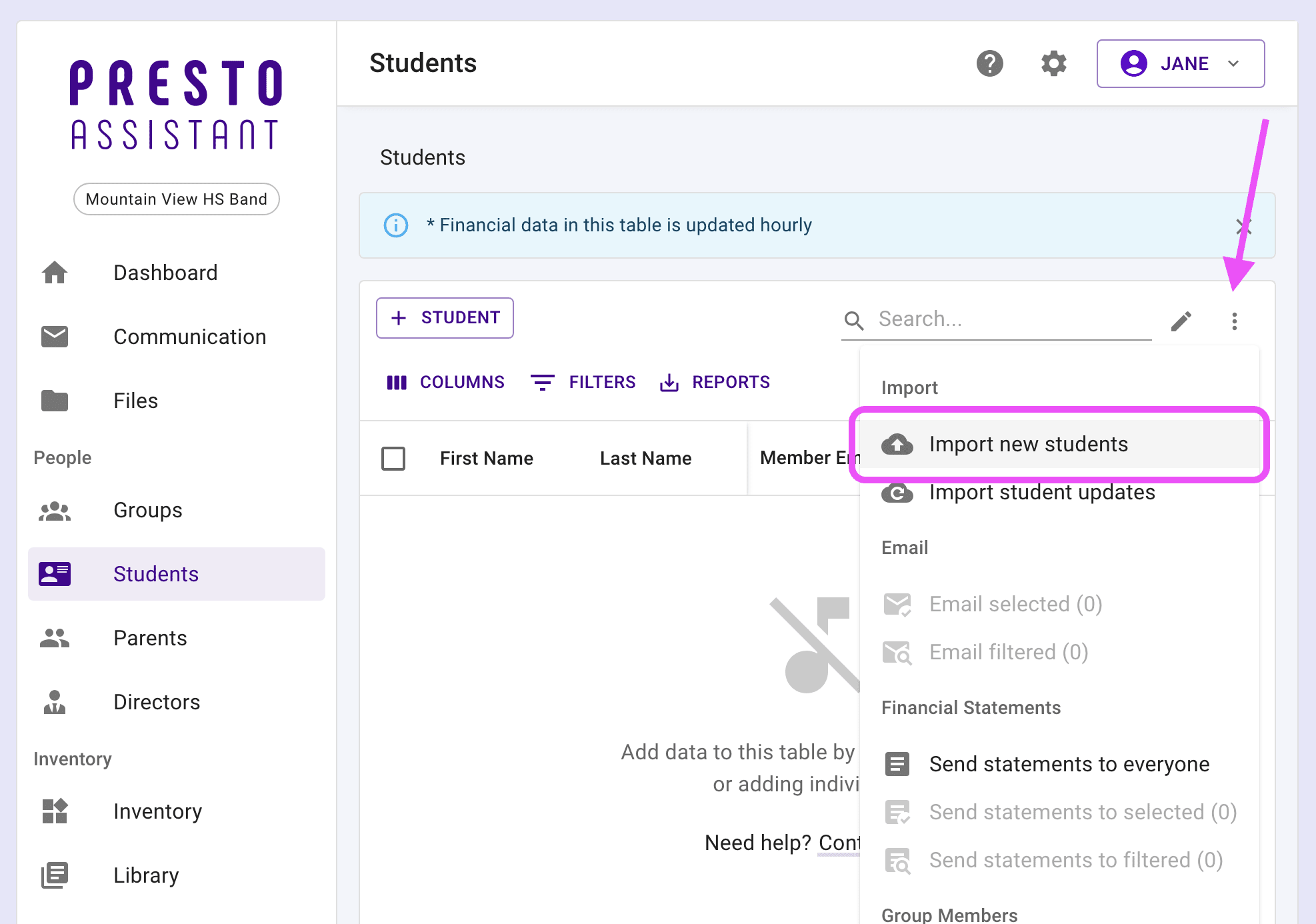 Students table highlighting the more actions icon button and menu.