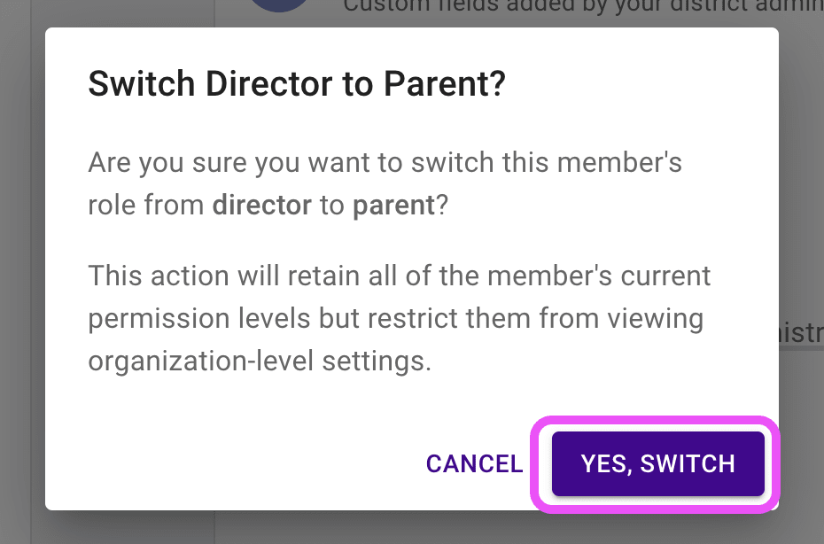 Confirmation dialog to switch director to a parent, highlighting the submit button.