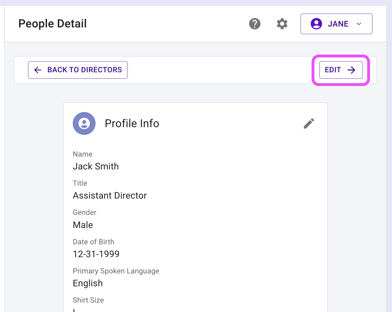 Director details page highlighting the edit button.