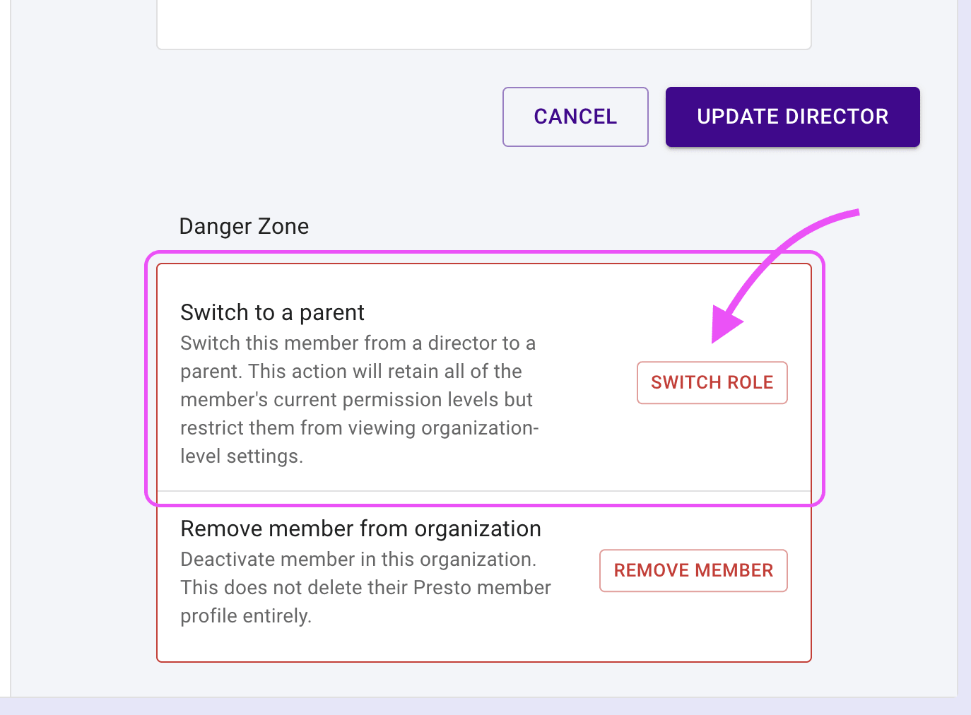 Director danger zone with Switch Role button highlighted.