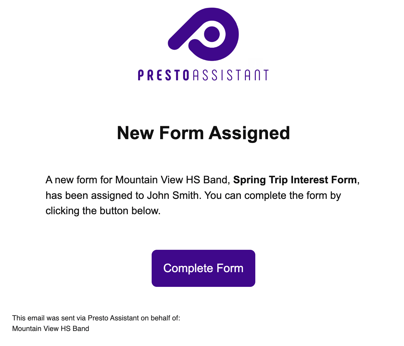 Email that a member will receive when assigned a form.