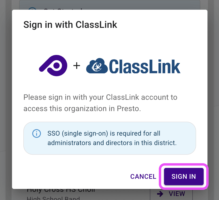 ClassLink sign-in dialog