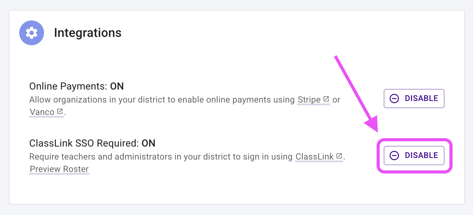 District settings page highlighting the Enable button for the ClassLink SSO integration.