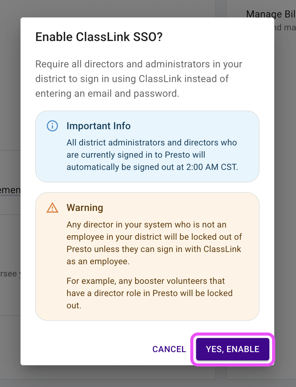 Enable ClassLink confirmation dialog