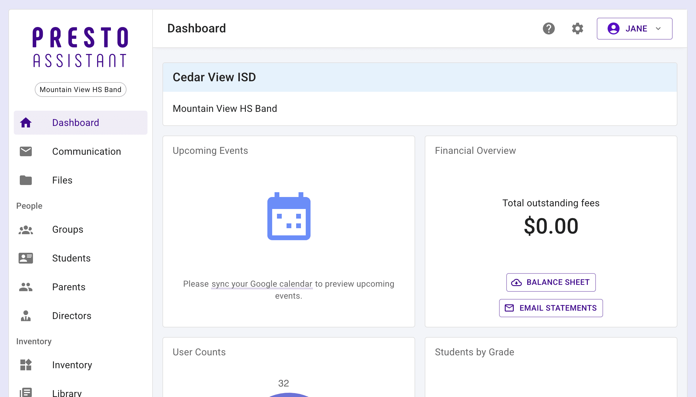 Organization dashboard in Presto Assistant