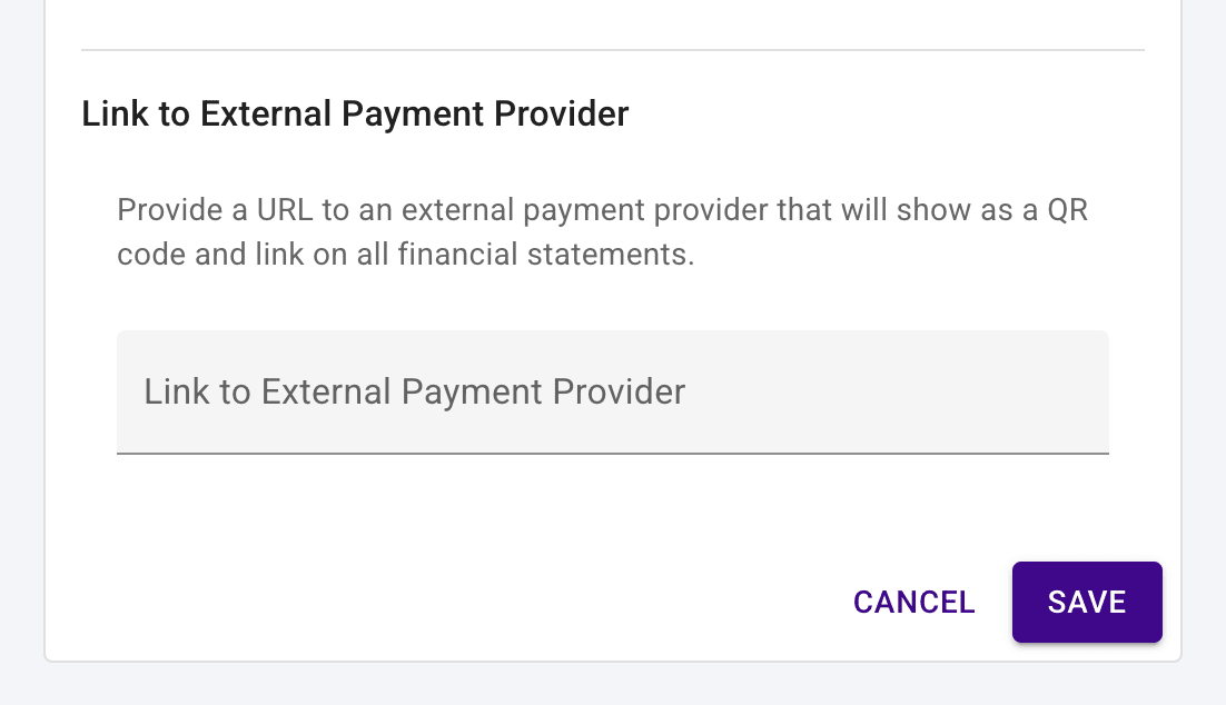 Financial Settings edit page with the "Link to External Payment Provider" field highlighted