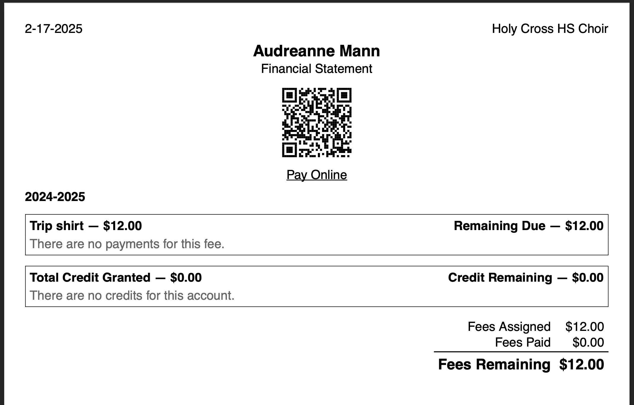 Financial statement showing a QR code and link