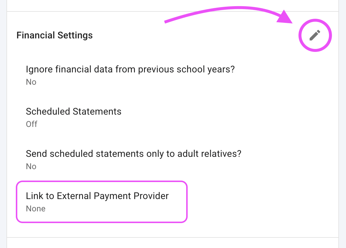 Organization settings page highlighting the Financial Settings section.