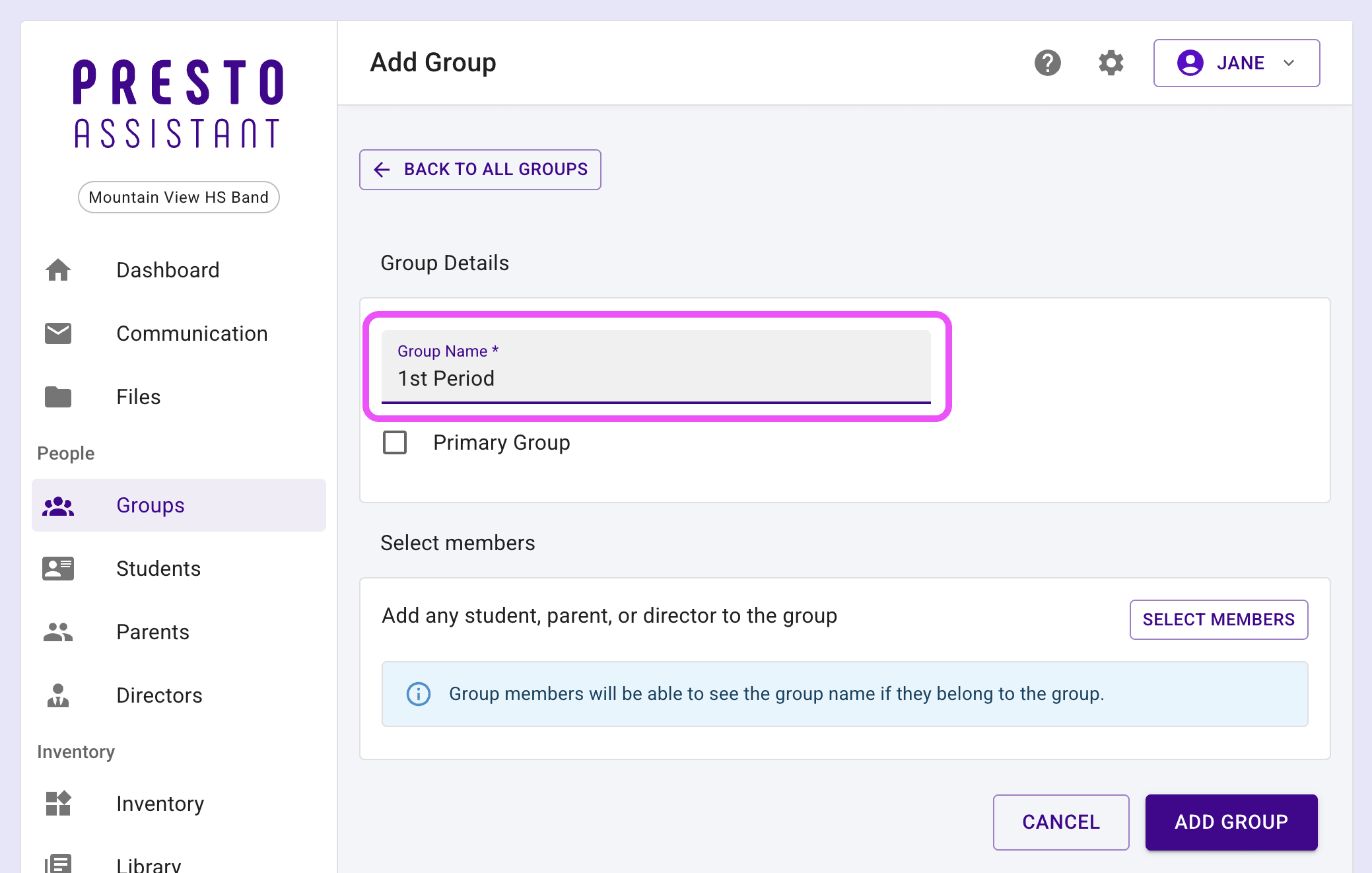 Group form with the input field for Group Name highlighted.