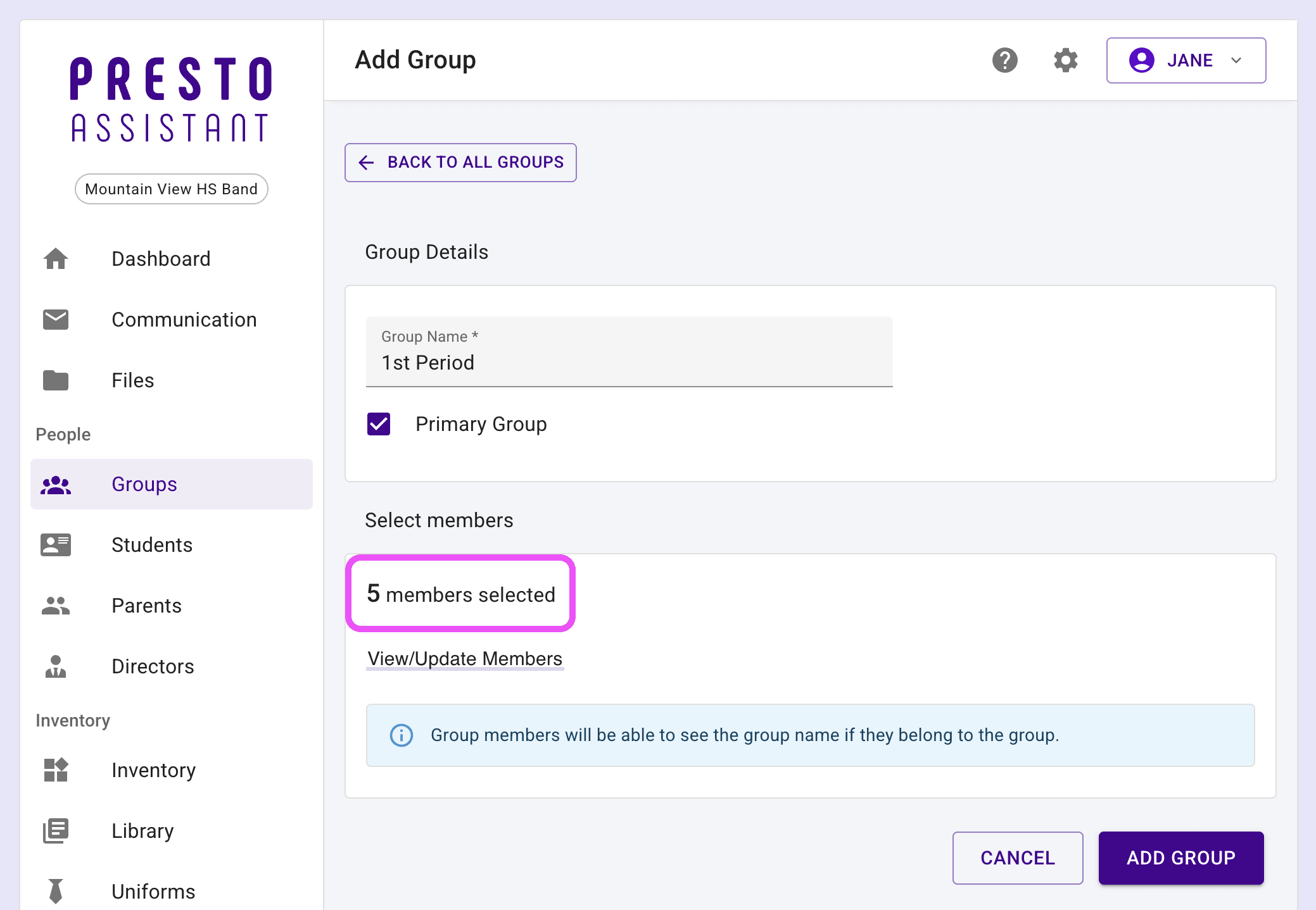 Group form with the current selected number of members highlighted.