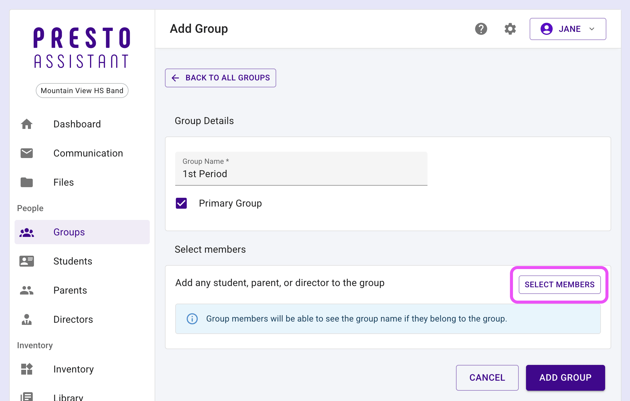 Group form with the Select Members button highlighted.